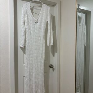 White Knit Long-Sleeve Maxi Dress with Lace-Up V-Neck